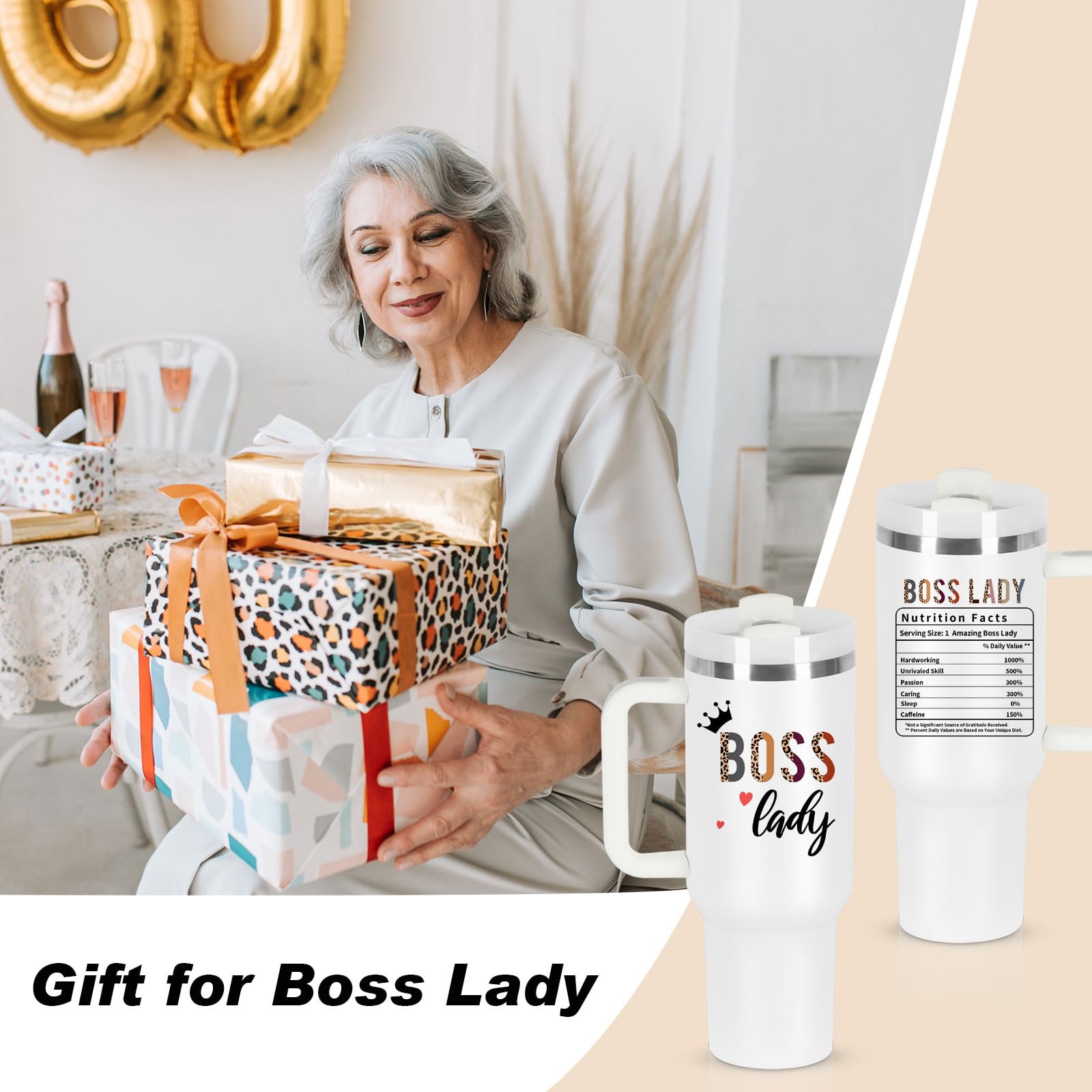 Boss Day Gift for Boss Lady, Boss Lady Nutrition Fact Gift for Boss Lady Manager Coworker Employer, 40 oz Boss Lady Tumbler with Handle, White