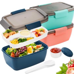 youeon 3 pcs 68 oz salad lunch container with 4 compartment tray, bento lunch box with spoon & dressing cup, leakproof salad container for lunch, salad toppings, snacks, fruits, bpa-free