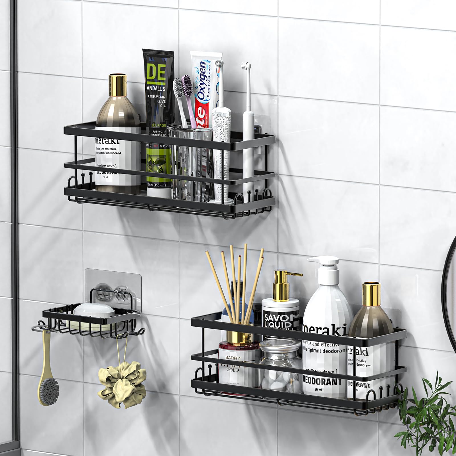 ENKERN Shower Caddy, 3Pcs Bathroom Shelves Shower Shelf Rack Organizer No Drilling Adhesive Hanging Shower Storage Rack with Soap Razor Holder for Home Hotel, Black