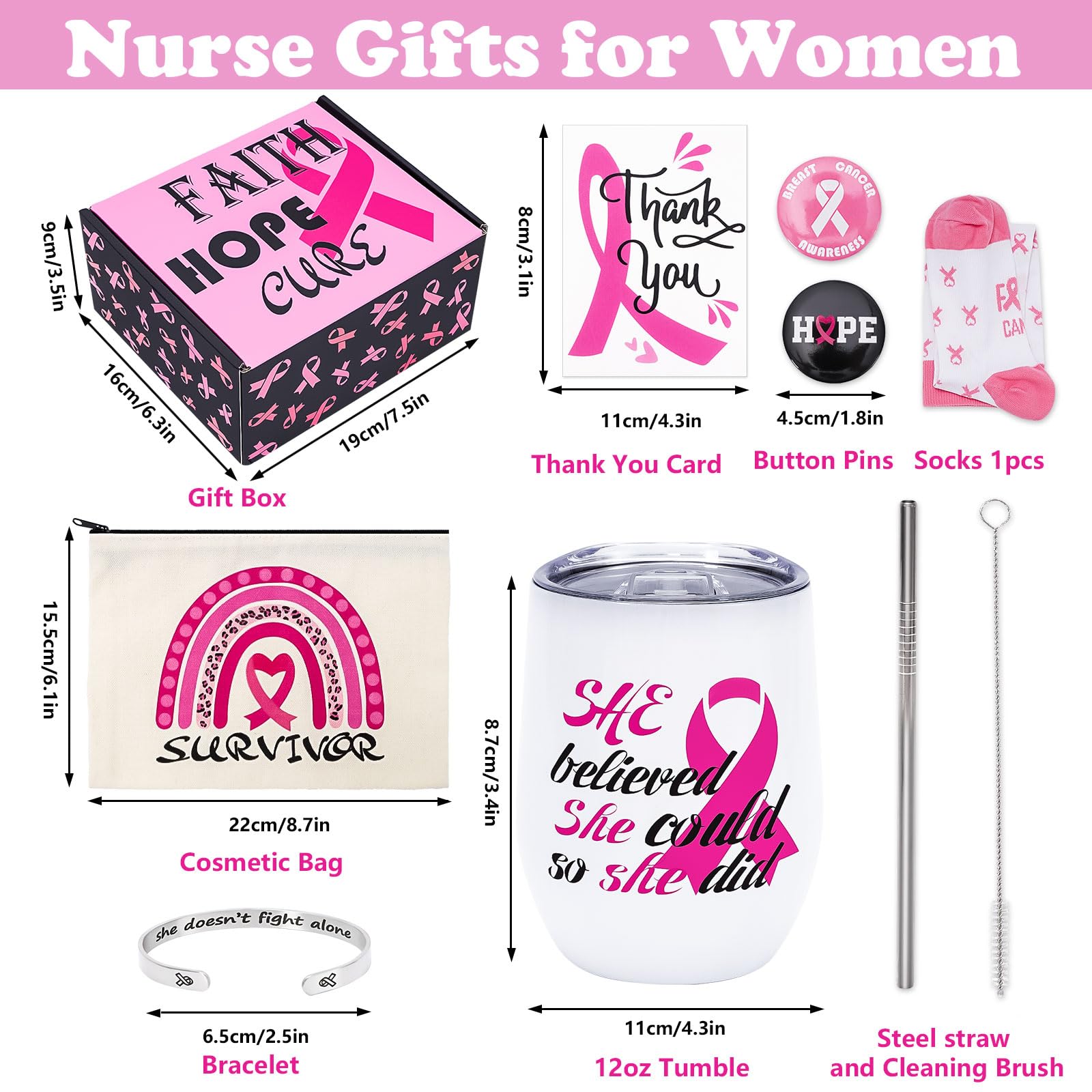 Whaline 8Pcs Breast Cancer Awareness Gifts Set for Women Survivor with Pink Ribbon Gift Box Tumbler Bracelet Makeup Bag Greeting Card Badge Socks for Hospital Fundraising Supplies