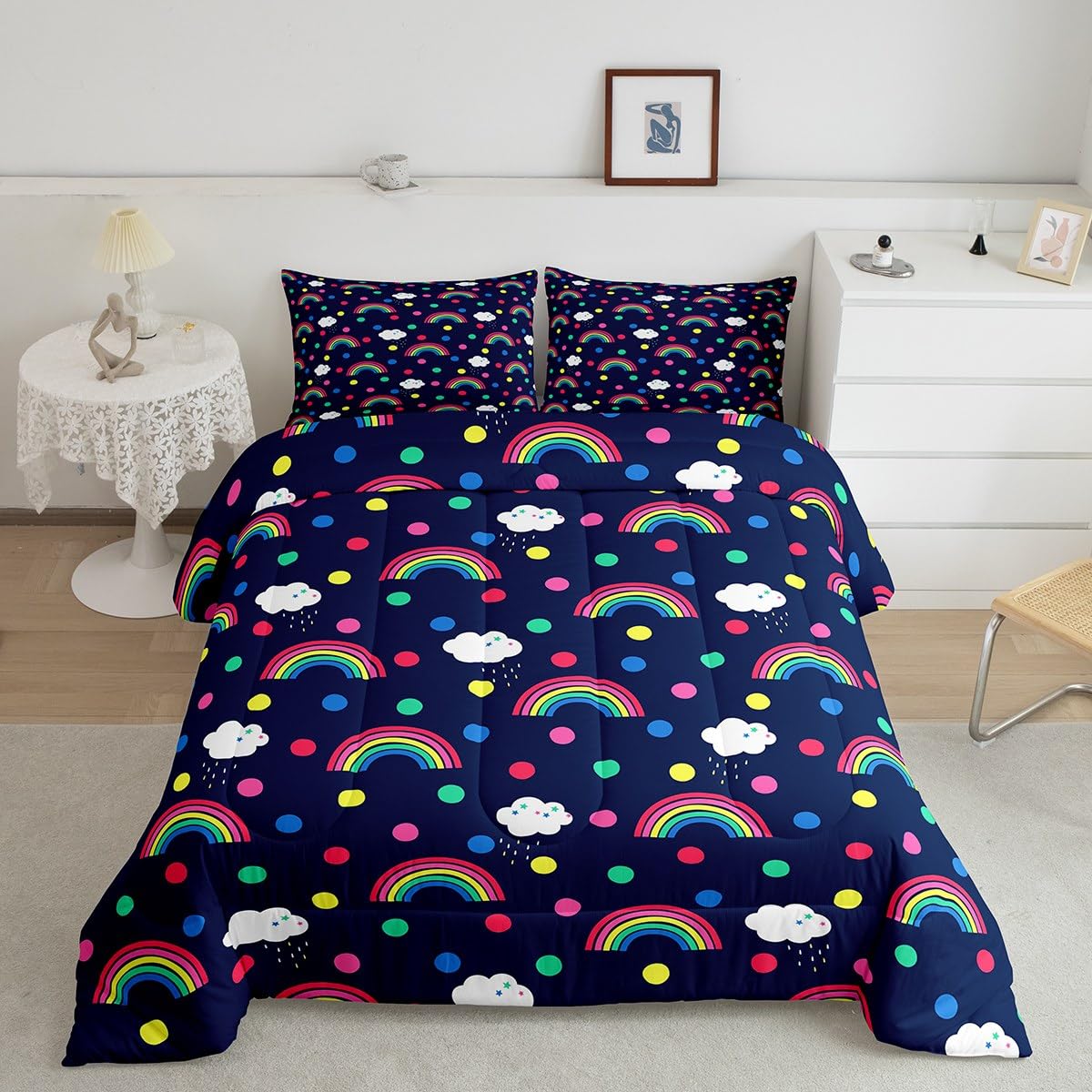 Full Size Cute Rainbow Bedding Set Boys Girls Lovely Kids Rainbows Comforter Set for Kids Women Men Ultra Soft Kawaii Cloud Rainbow Comforter Polka Dots Duvet Set Room Decor Quilt Set