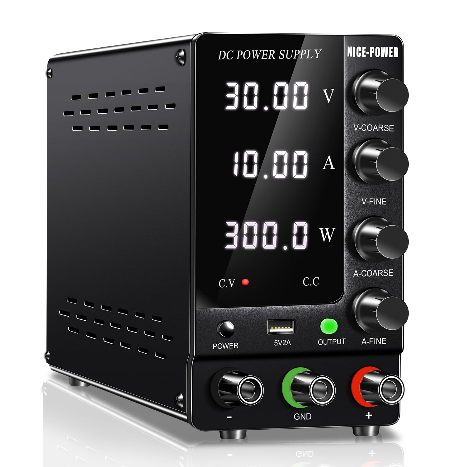 NICE-POWER DC Power Supply Variable 30V 10A, Adjustable Switching Regulated DC Bench Power Supply with Output Switch High Precision 4-Digit LED Display, Benchtop Lab Power Supplies with 5V/2A USB Port