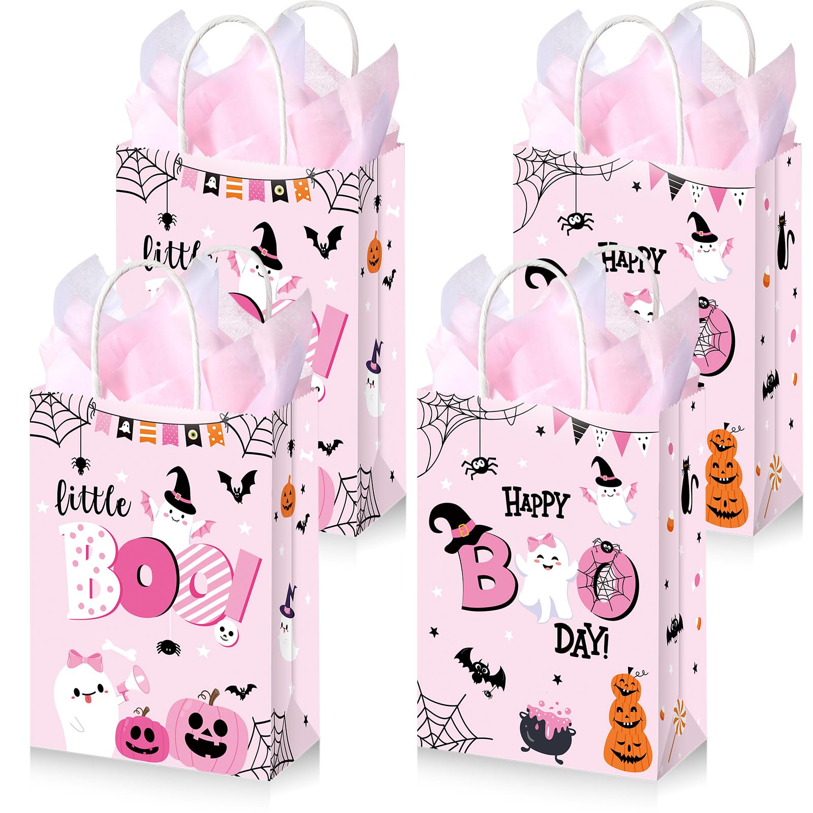 Yeaqee 30 Pcs Pink Halloween Bags Little Boo Bags Kraft Paper 30 Pcs Tissue Paper Goody Present Bags for Halloween Party Kids Theme Birthday Baby Shower Party Favors, 8.6 x 6.3 x 3.15 Inch