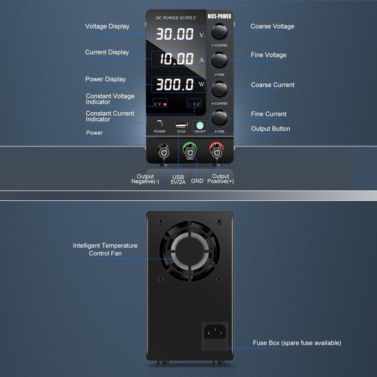 NICE-POWER DC Power Supply Variable 30V 10A, Adjustable Switching Regulated DC Bench Power Supply with Output Switch High Precision 4-Digit LED Display, Benchtop Lab Power Supplies with 5V/2A USB Port