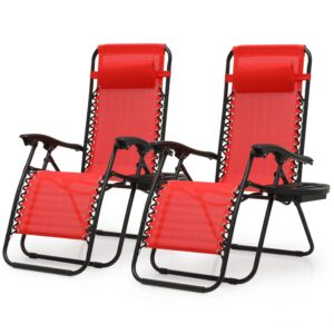 set of 2 chair foldable beach recliner lounge chaise holding tray