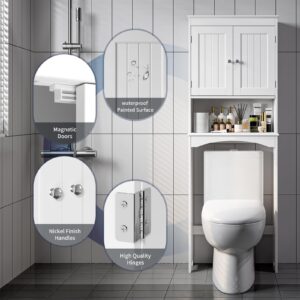 Bealife Over The Toilet Storage Cabinet with Open Shelf, Organizer with Adjustable Shelf and Double Doors,Over The Toilet Storage Shelf Free Standing- White