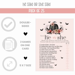 Gothic Pumpkin Bridal Shower Game Bundle - He Said or She Said & Bride Best - Halloween Wedding Guest Activity - Spooky Party Decor - Double-Sided Cards - Pink & Black - 25 Pack