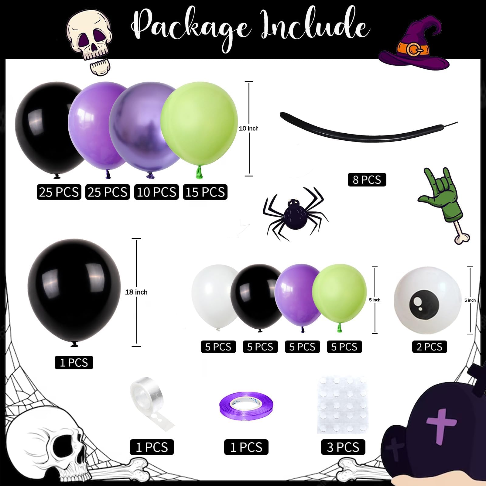 GRESAHOM Halloween Balloon Arch Garland Kit with DIY Big Spider Balloons, Purple Metallic Lime Green Black Balloons Garland with Eye Balloons for Kids Halloween Birthday Hocus Pocus Party Decorations