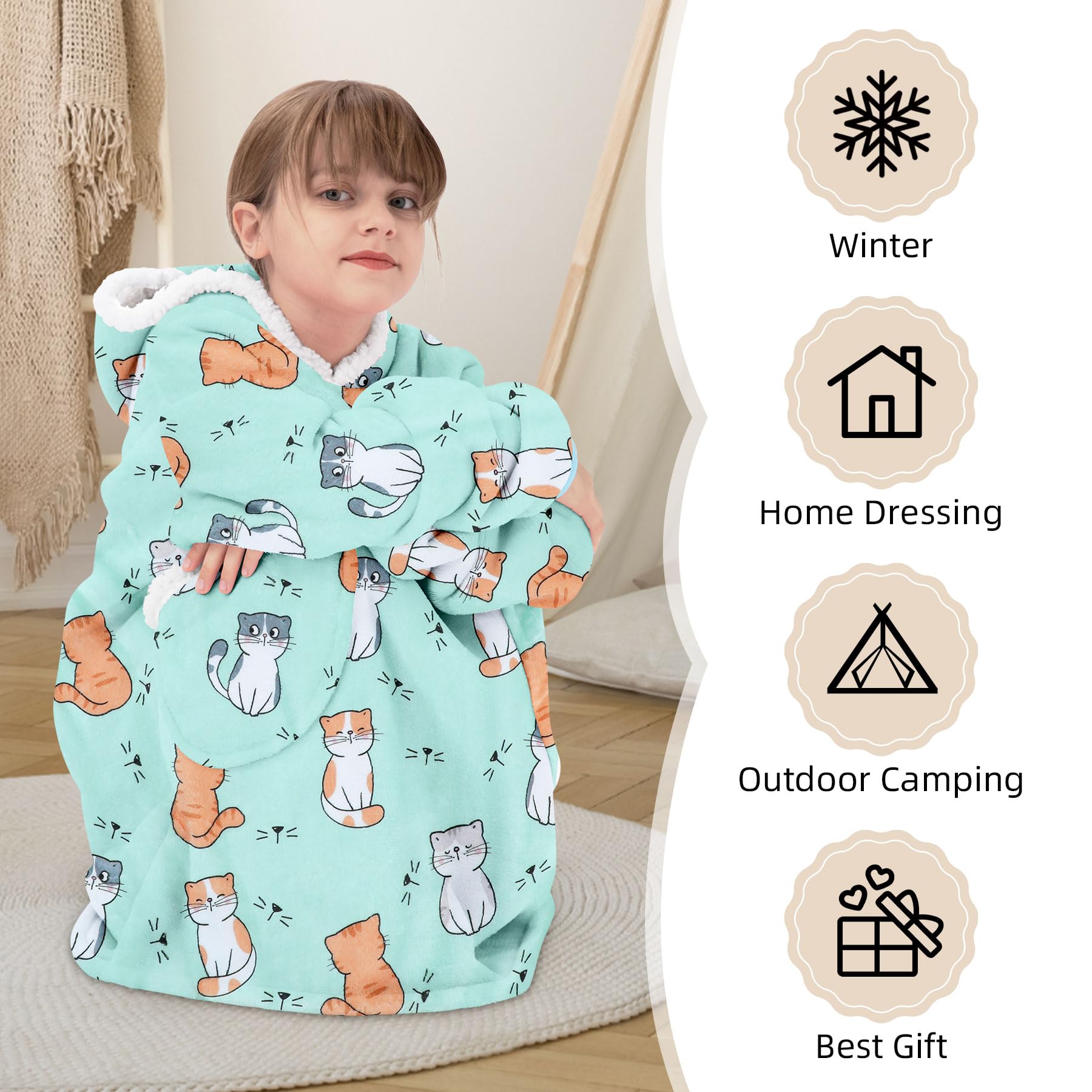 Zando Blanket Hoodie for Kids Cat Blanket Hoodie Wearable Blanket Kids Oversized Blanket Hoodie Sweatshirt Blanket Comfy Blanket Hoodie Kids Cozy Warm Sherpa Blanket with Pocket Cute Gifts for Girls