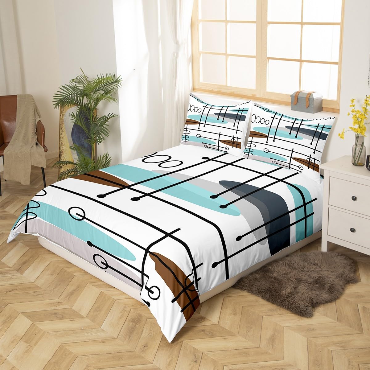 Erosebridal Mid Century Bedding Sets Queen Modern Minimalist Comforter Cover, Hippie Old Fashion Bed Set Abstract Artwork Duvet Cover, Aesthetic Lines Circles Quilt Cover Teal White Grey