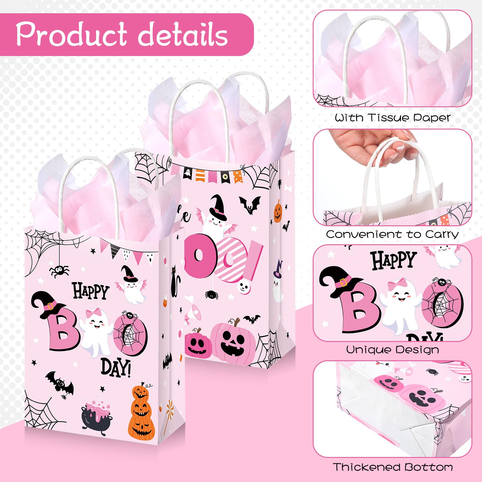 Yeaqee 30 Pcs Pink Halloween Bags Little Boo Bags Kraft Paper 30 Pcs Tissue Paper Goody Present Bags for Halloween Party Kids Theme Birthday Baby Shower Party Favors, 8.6 x 6.3 x 3.15 Inch