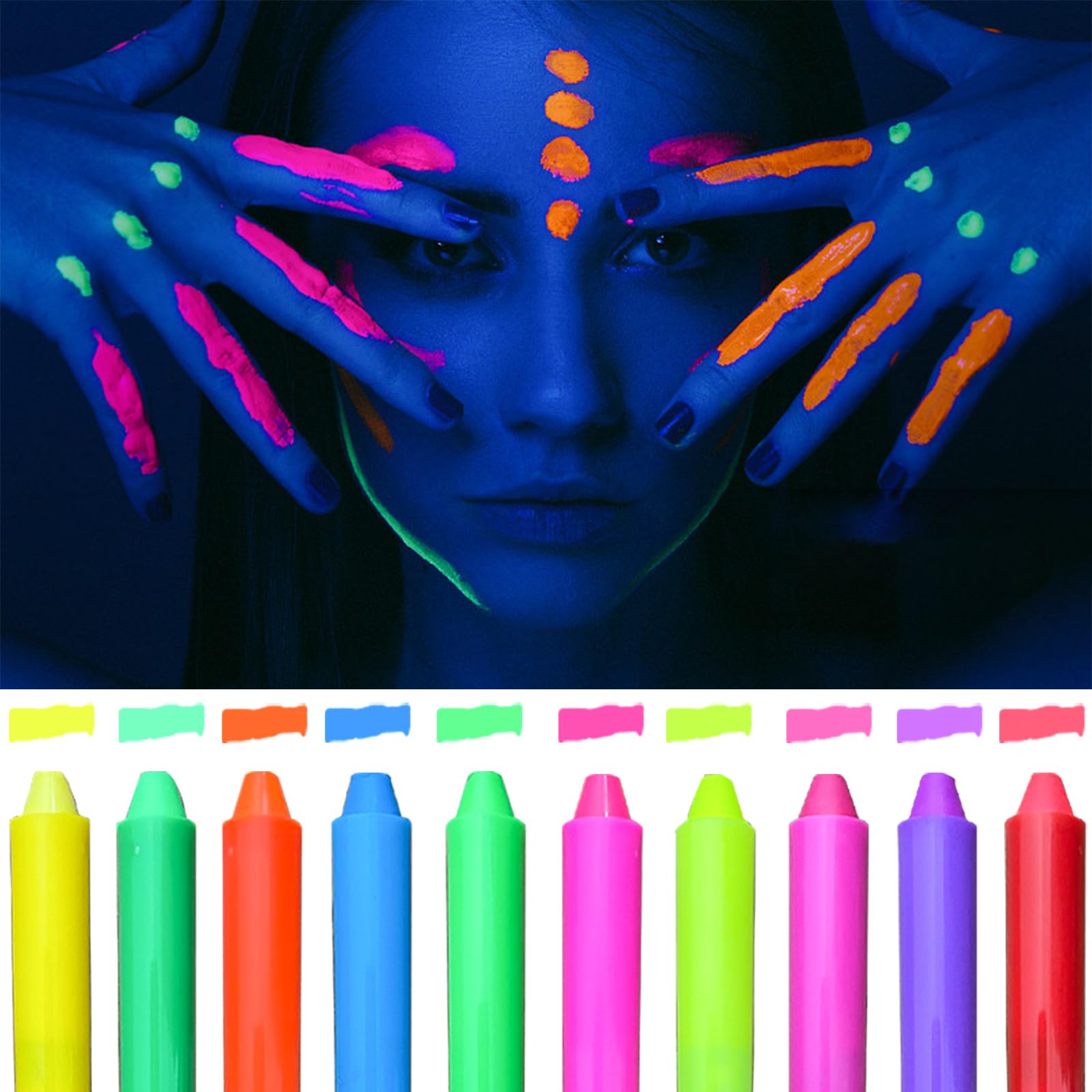 10 Color Glow in The Dark Face Paint,UV and Black Light Neon Face and Body Painting Set Mardi Gras Halloween Masquerade Black Light Birthday Party Masquerade Party Supplies (10 COLORS)