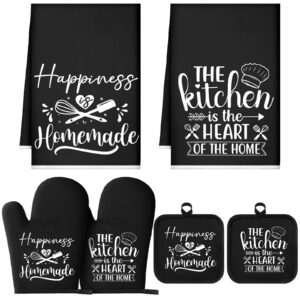 sratte 6 pcs farmhouse kitchen towels pot holders oven mitts set 2 dish towels 2 potholders 2 cooking mittens oven glove for baking cooking grilling supply (black)