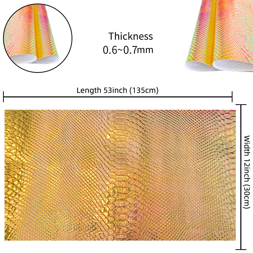 HYANG Holographic Embossed Snake Dark Gold Leather Sheets 1 Roll 12"X53"(30cmX135cm), The Leather Very Suitable for Leather Earrings, Bows, Handbag ，Sewing ，Crafts Making