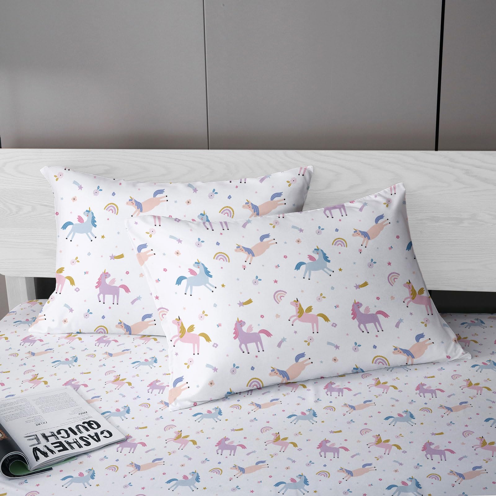 MUSOLEI Unicorn Fitted Sheet Set Full Girls Rainbow Star Sheet Pink Flower Bedding Set 1 Deep Pocket Fitted Sheet with 2 Pillowcases Multi-Colour Girls Kids Teenagers Gift Queen