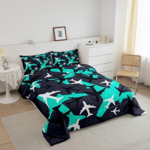 Homewish Cartoon Aircraft Comforter Set Queen Size Blue Green Airplane Bedding Set 3Pcs Army Camo Quilt Set for Kids Boys Teens Men Bedroom Decor Black White Camouflage Duvet Insert,2 Pillowcases