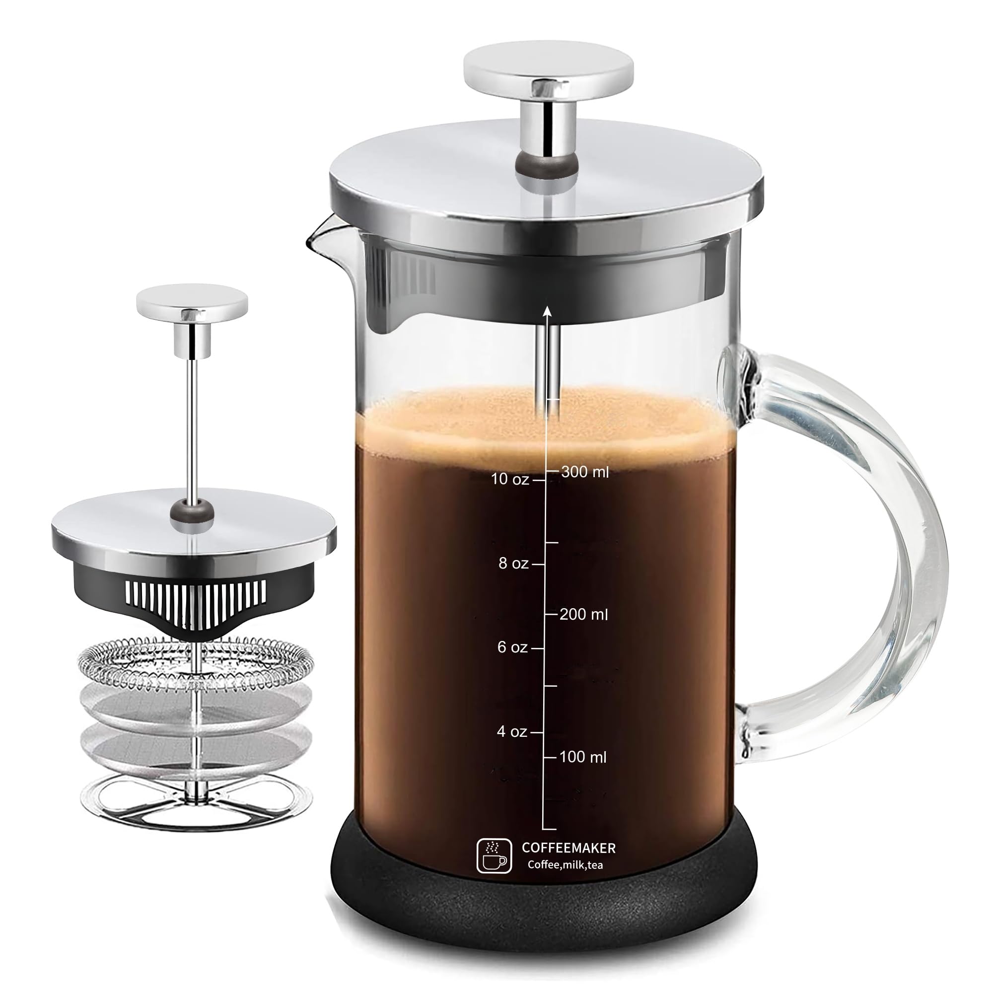 French Press Coffee Maker 12 Ounce Espresso Tea Coffee Maker with 4 Filters System, Stainless Steel Plunger and Heat Resistant Borosilicate Glass BPA-Free Brewed Tea Pot Coffee Plunger(Silvery 12oz)