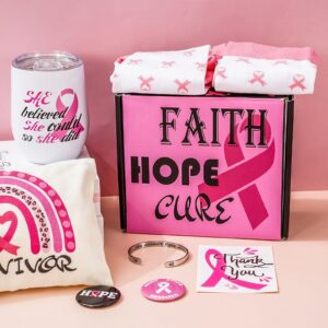 Whaline 8Pcs Breast Cancer Awareness Gifts Set for Women Survivor with Pink Ribbon Gift Box Tumbler Bracelet Makeup Bag Greeting Card Badge Socks for Hospital Fundraising Supplies