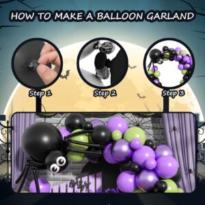 GRESAHOM Halloween Balloon Arch Garland Kit with DIY Big Spider Balloons, Purple Metallic Lime Green Black Balloons Garland with Eye Balloons for Kids Halloween Birthday Hocus Pocus Party Decorations