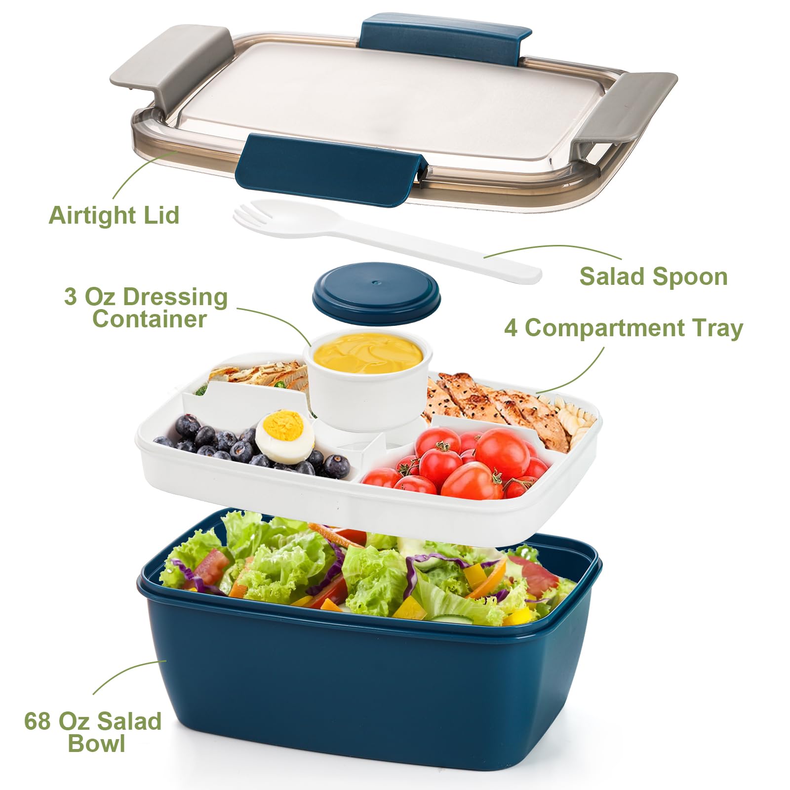 Youeon 3 Pcs 68 Oz Salad Lunch Container with 4 Compartment Tray, Bento Lunch Box with Spoon & Dressing Cup, Leakproof Salad Container for Lunch, Salad Toppings, Snacks, Fruits, BPA-Free