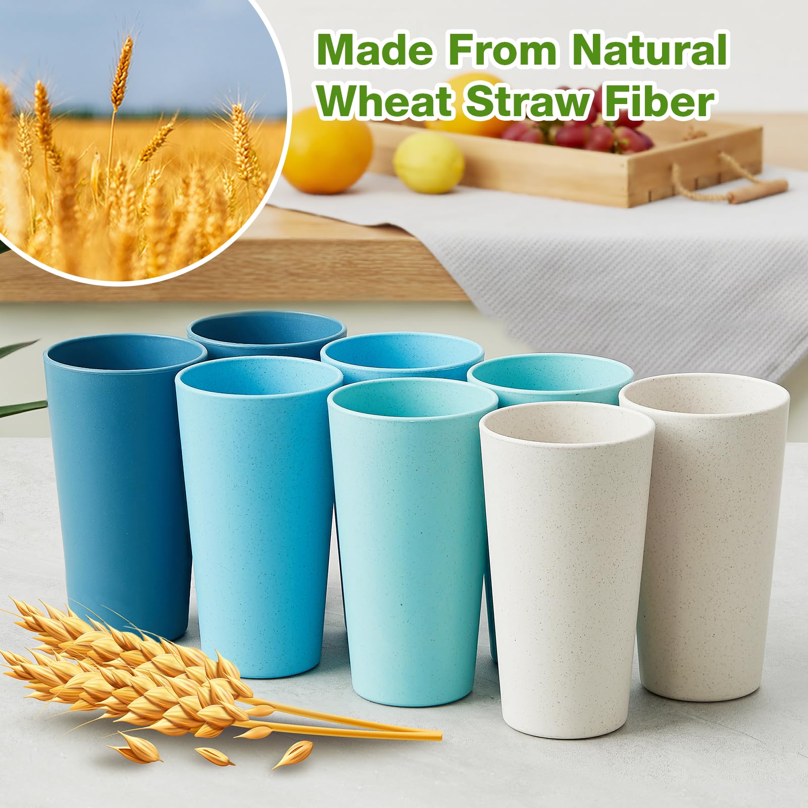 Hlukana Wheat Straw Cups Set of 8, 20 oz Unbreakable Drinking Cup, Chip Resistant Cups, Reusable Water Cup Set, Large Cups for Kitchen, Camping, BPA Free Cups, Dishwasher & Microwave Safe Tumbler Cups