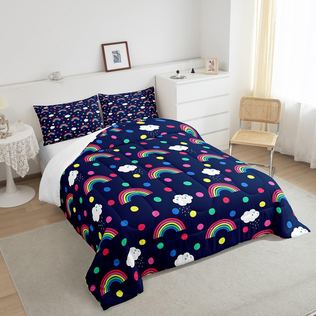 Full Size Cute Rainbow Bedding Set Boys Girls Lovely Kids Rainbows Comforter Set for Kids Women Men Ultra Soft Kawaii Cloud Rainbow Comforter Polka Dots Duvet Set Room Decor Quilt Set