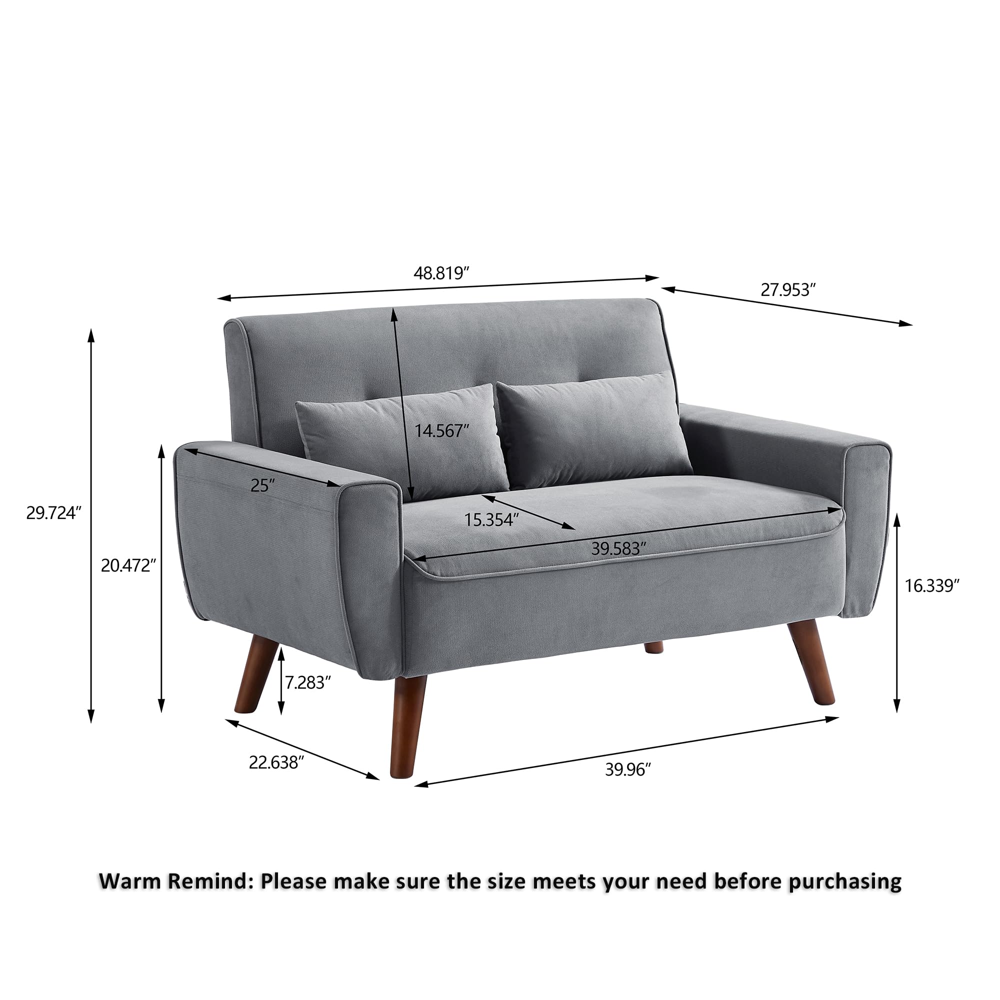 Jarenie 48" Loveseat Sofa, 2 Seater Love Seat Mid Century Modern Small Couches for Living Room Bedroom Apartment, 2 Throw Pillows and Wooden Legs, Light Grey