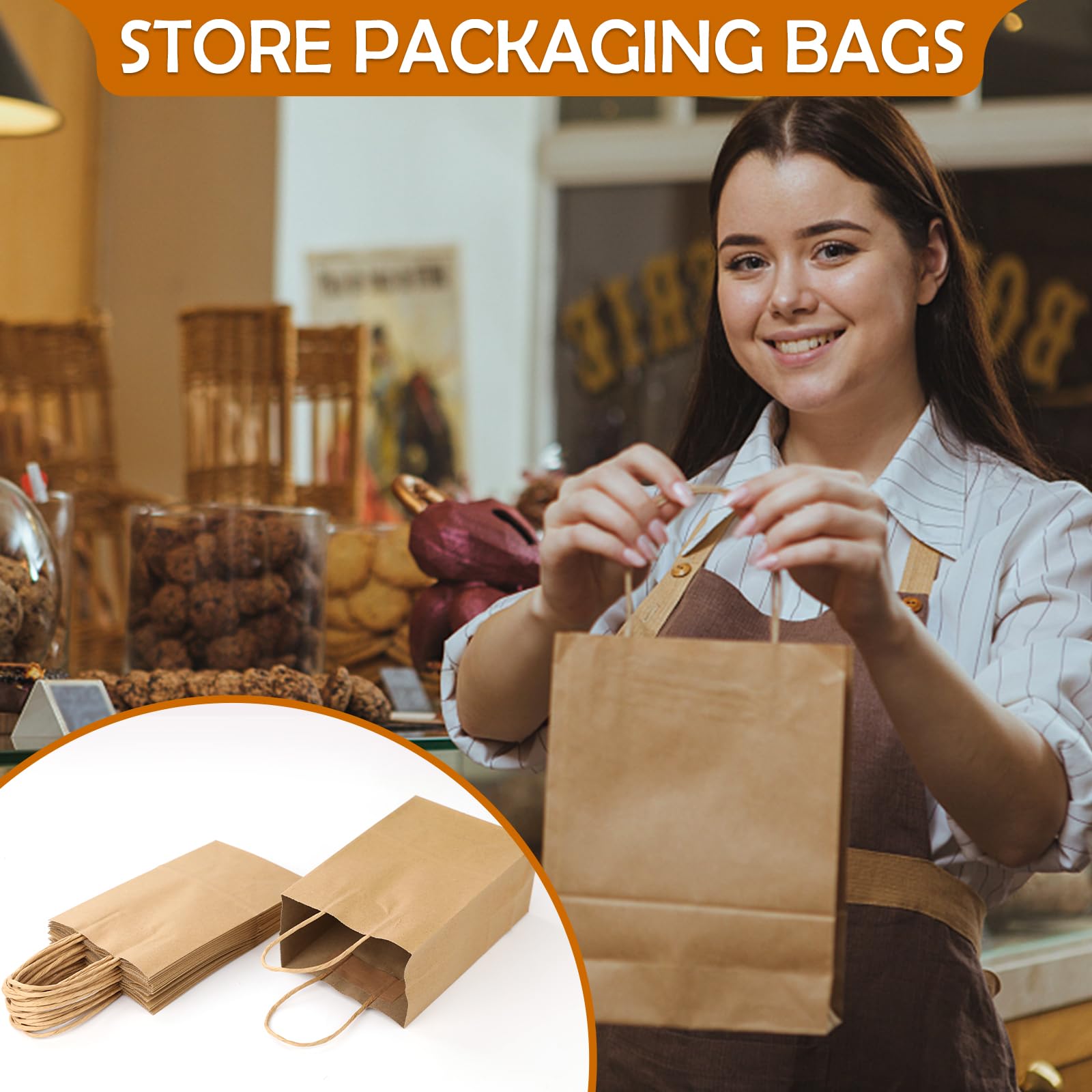 XPCARE 100Pcs Paper Gift Bags 5.25x3.25x8.25'', Small Paper Bags with Handles Bulk, Shopping Bags, Kraft Bags, Retail Bags, Party Bags Brown(Brown)