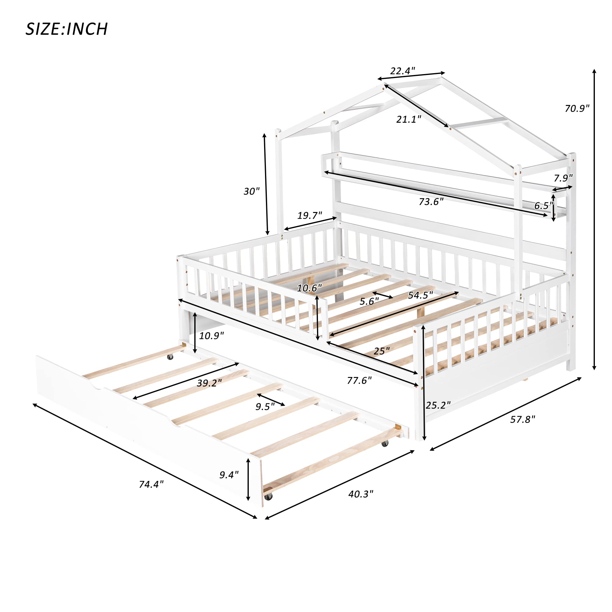 Bellemave Wooden Full Size House Bed with Trundle,Kids Full Playhouse Platform Bed Frame with Storage Shelves,Montessori Be for Kids Teens Girls & Boys (White)