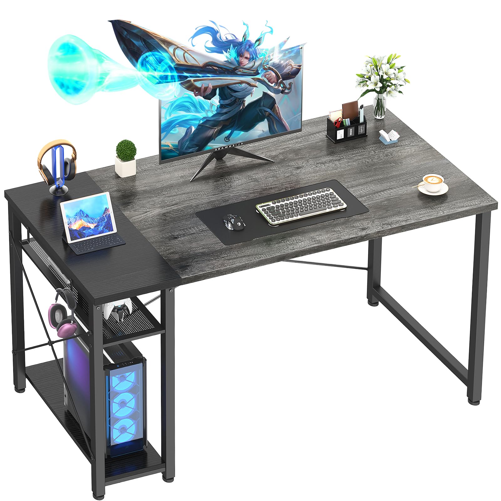 Besiost 39.4'' Gaming Desk, 39 Inches Computer Desk with Storage, Small Desk for Small Space, Simple Study Student Writing Desk, Laptop Table for Home Office, Grey and Black