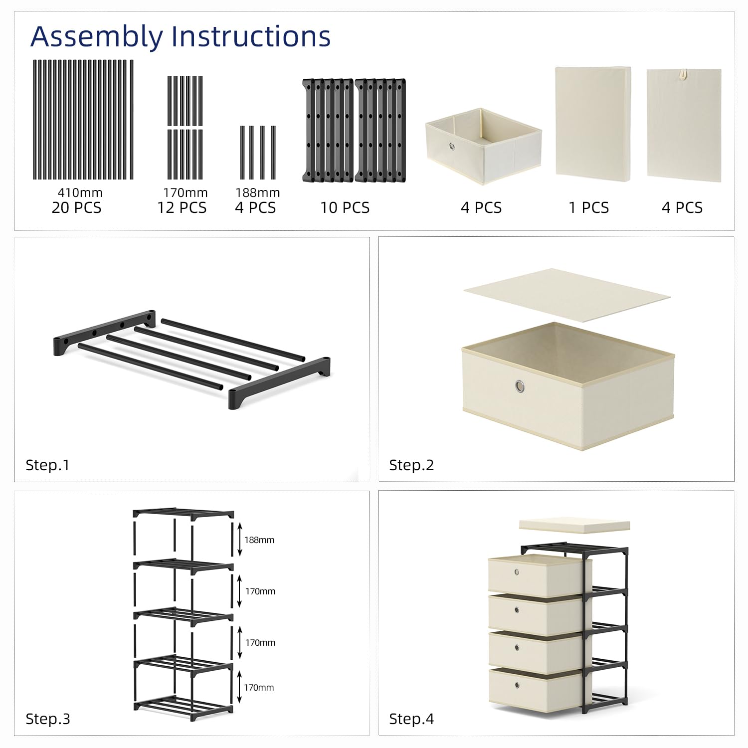 HODYANN Dresser with 4 Storage Drawers, Fabric Storage Chest for Closet, Bedroom, Dorm, Hallway, Clothes Organizer Unit with Fabric Bins (Creamy White)