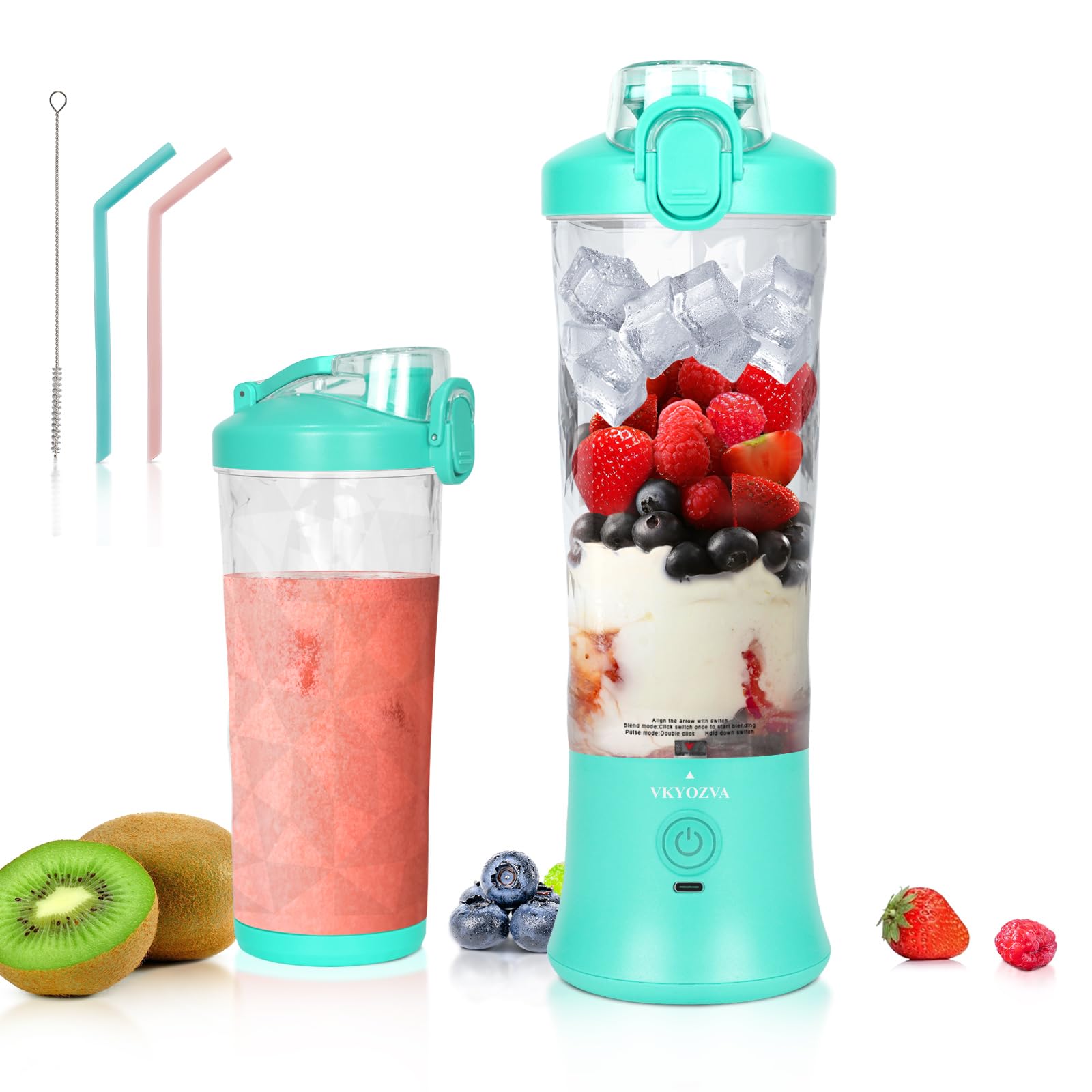 VKYOZVA Portable Blender, 20 Oz Travel Blender USB-C Rechargeable with 6 -leaf Stainless Steel Blades, BPA Free, Personal Blender for Shakes and Smoothies,Suitable for Family Travel Gyms, Mint Blue