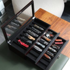 Bonaking Knife Display Case, 22-26 Slot Storage Box, Ebony Veneer, 3-Tier, Lockable, Showcase & Organizer for Pocket Knives, Men Gift, 15.9x7.8x4.5 inches