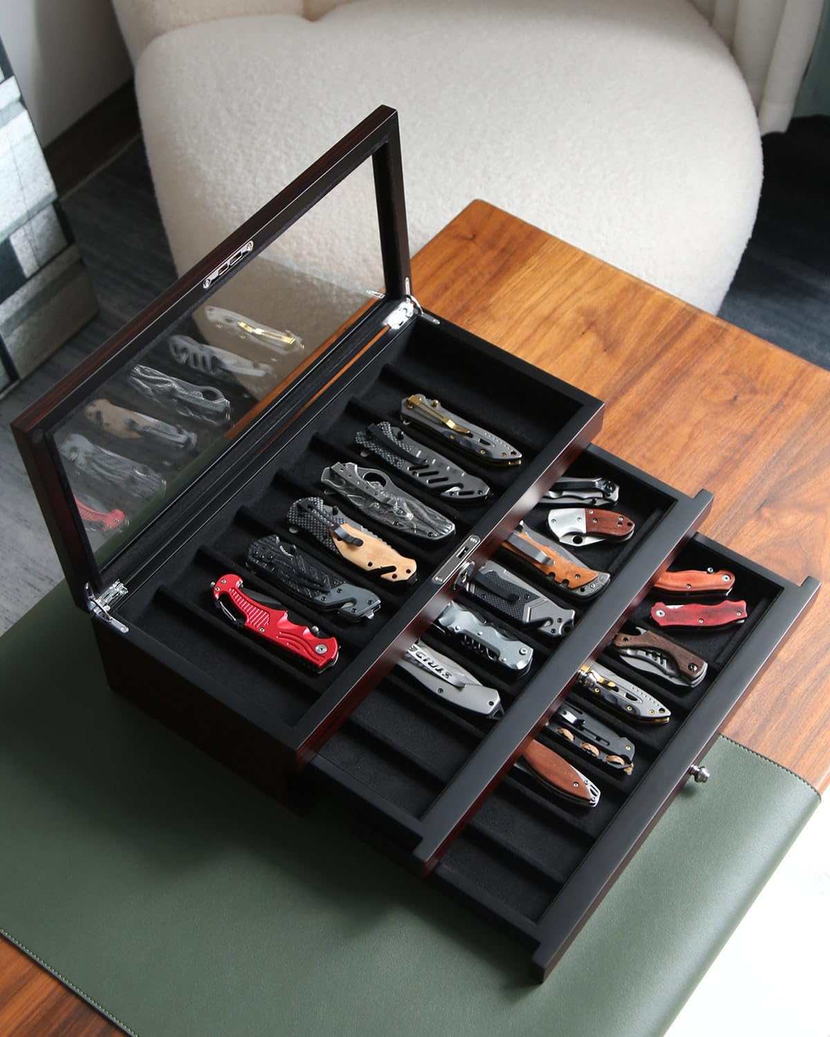 Bonaking Knife Display Case, 22-26 Slot Storage Box, Ebony Veneer, 3-Tier, Lockable, Showcase & Organizer for Pocket Knives, Men Gift, 15.9x7.8x4.5 inches