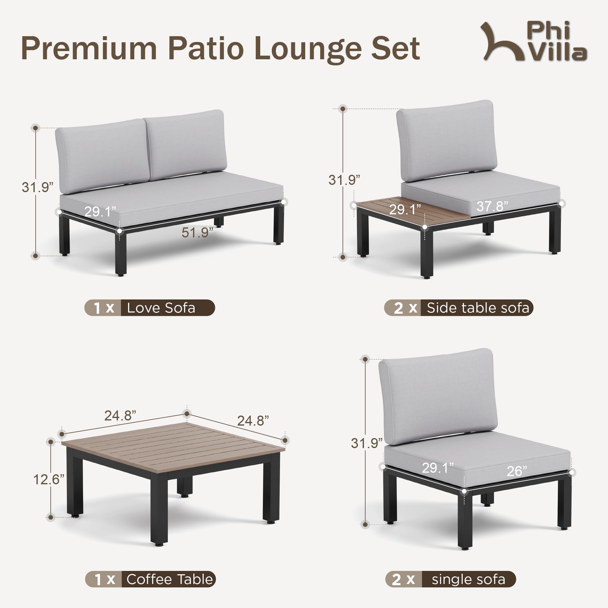 PHI VILLA Metal Patio Furniture Set 6 Piece Modular Modern Outdoor Sectional Sofa Garden Bench Set with Wrought Iron Coffee Table, Light Grey Cushion