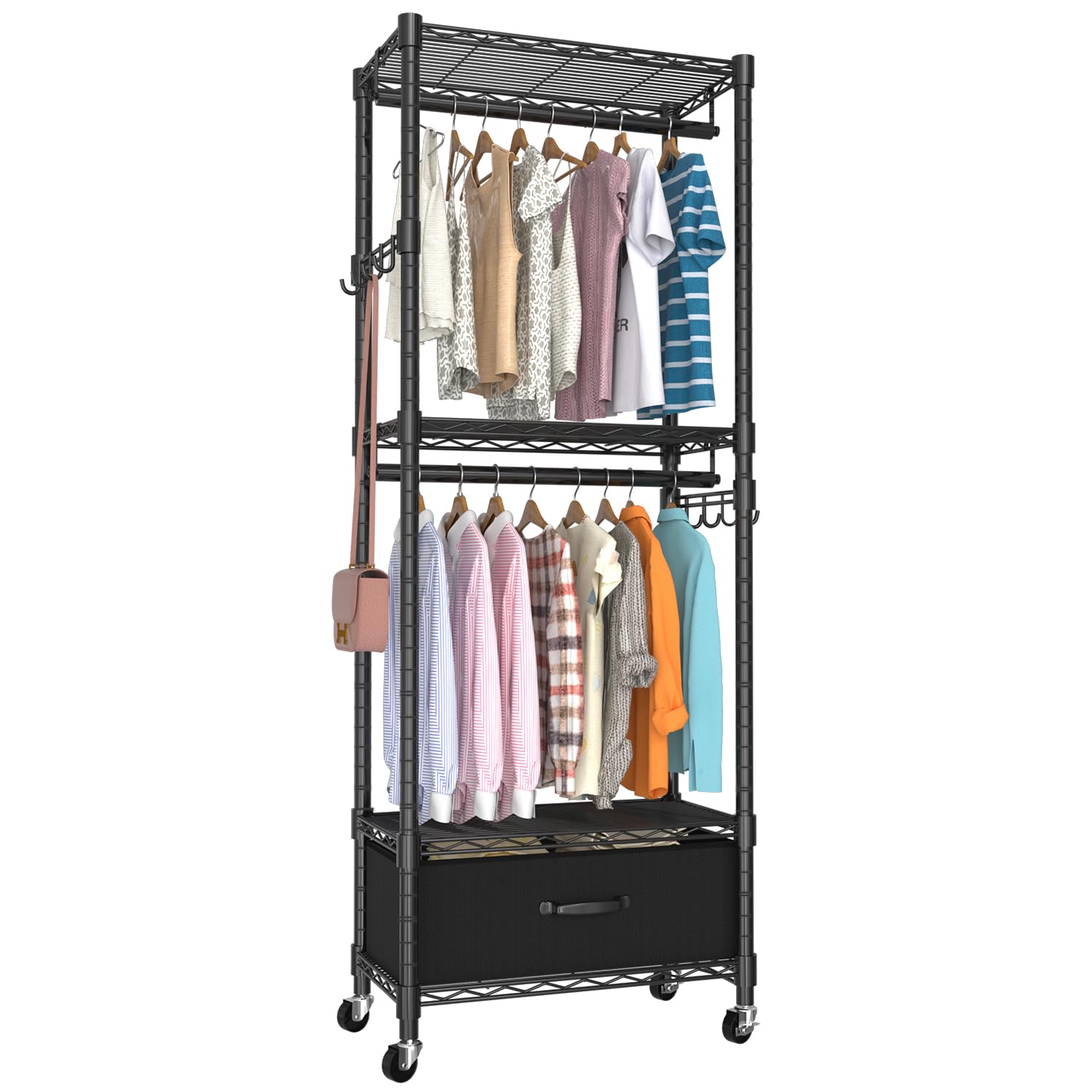 VyGrow Clothes Rack, Clothing Rack for Hanging Clothes, Kids Clothes Rack, 4 Tiers Adjustable Closet Organizer with Drawer | Double Rods | Side Hooks | Load 445lbs | 23" L x 13.18" W x 78.74" H