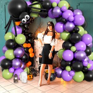 GRESAHOM Halloween Balloon Arch Garland Kit with DIY Big Spider Balloons, Purple Metallic Lime Green Black Balloons Garland with Eye Balloons for Kids Halloween Birthday Hocus Pocus Party Decorations