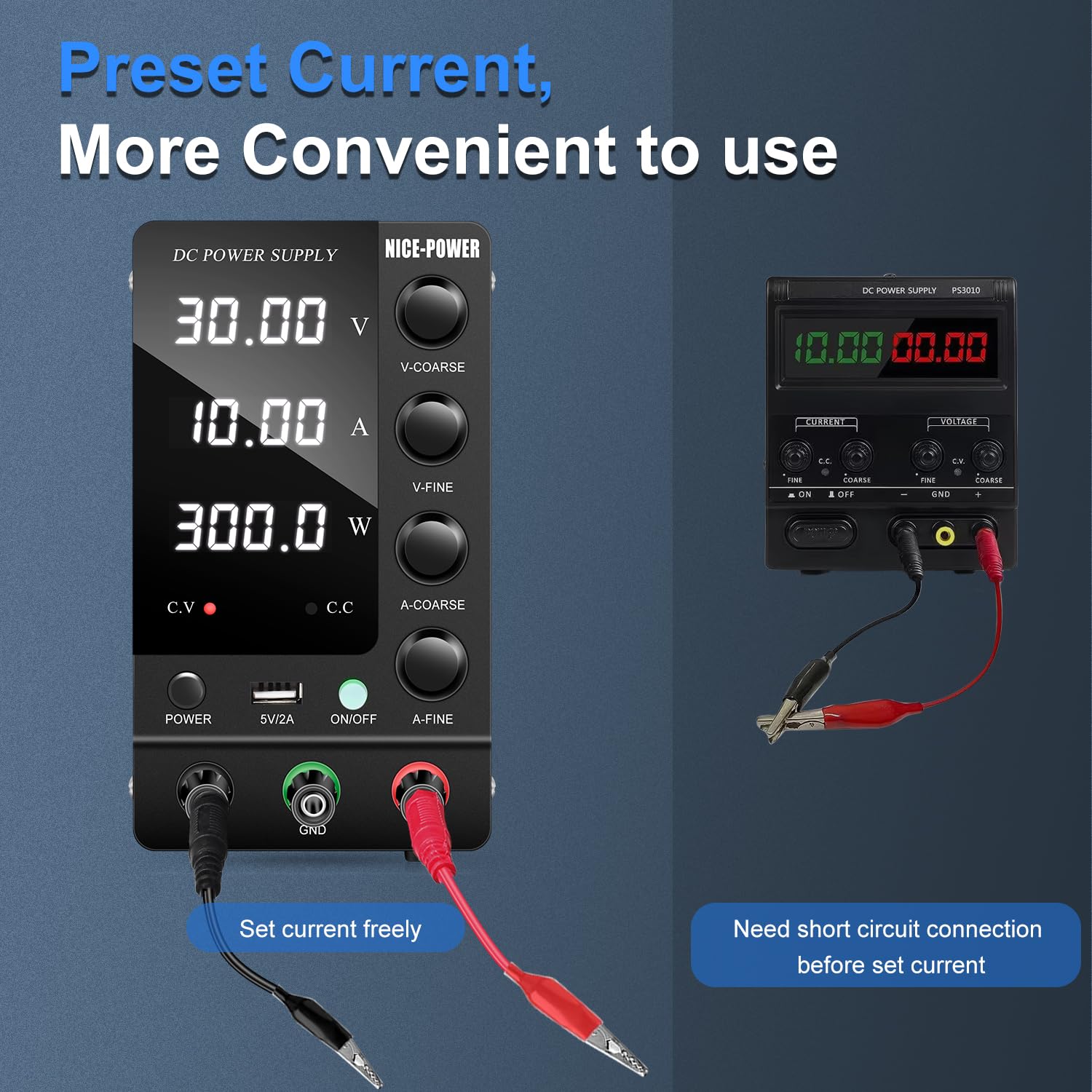 NICE-POWER DC Power Supply Variable 30V 10A, Adjustable Switching Regulated DC Bench Power Supply with Output Switch High Precision 4-Digit LED Display, Benchtop Lab Power Supplies with 5V/2A USB Port