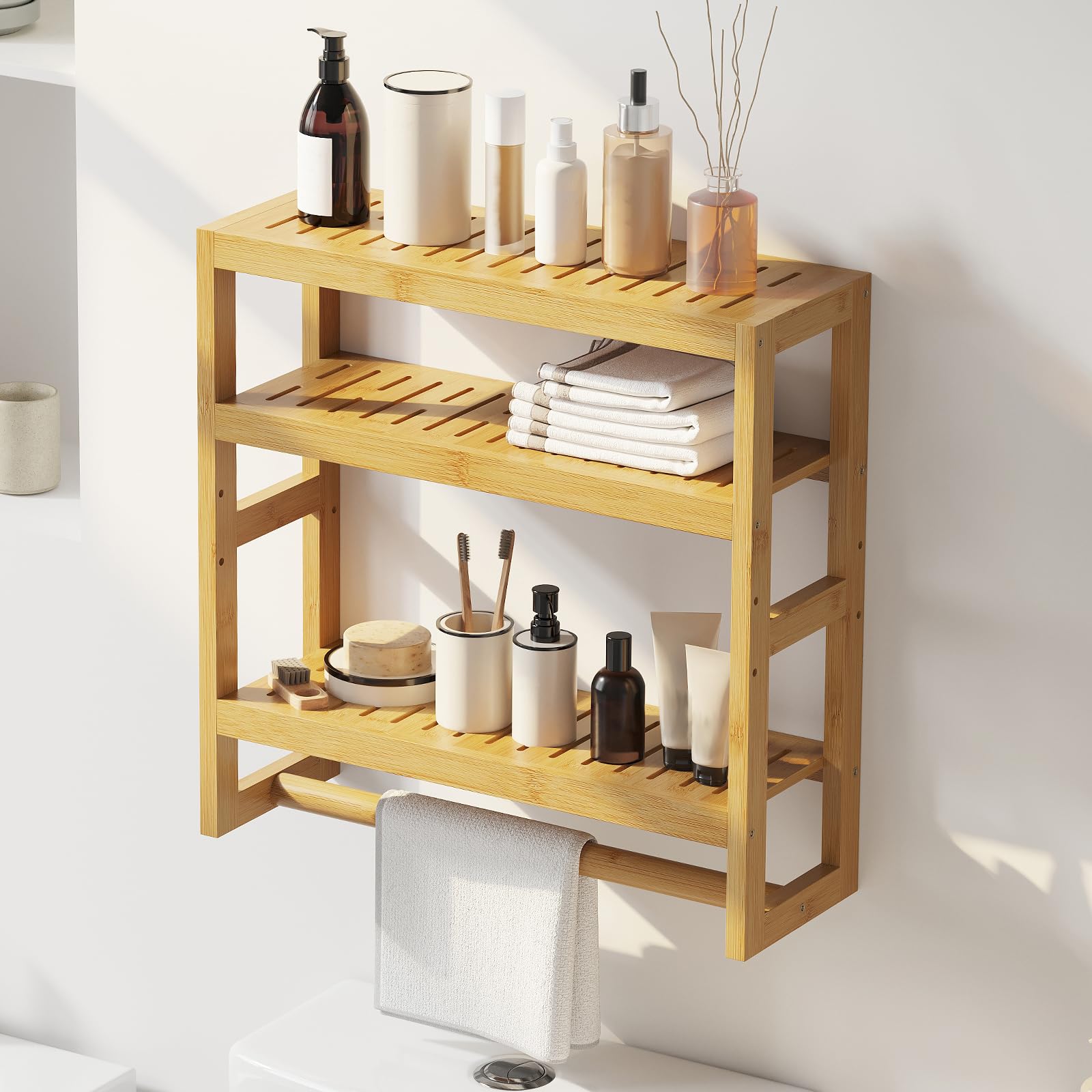 Furshus Bathroom Organizer Shelves 3 Tiers Floating Shelf with Hanging Bar Over The Toilet Storage Bathroom Wall Shelf-Adjustable Wall Bathroom Organizer (Natural)