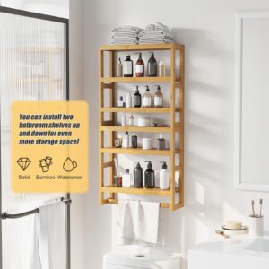 Furshus Bathroom Organizer Shelves 3 Tiers Floating Shelf with Hanging Bar Over The Toilet Storage Bathroom Wall Shelf-Adjustable Wall Bathroom Organizer (Natural)