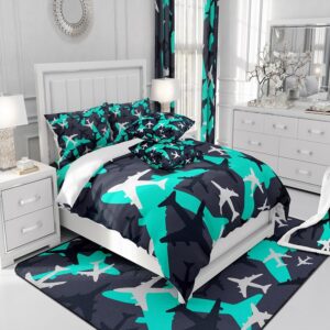 Homewish Cartoon Aircraft Comforter Set Queen Size Blue Green Airplane Bedding Set 3Pcs Army Camo Quilt Set for Kids Boys Teens Men Bedroom Decor Black White Camouflage Duvet Insert,2 Pillowcases