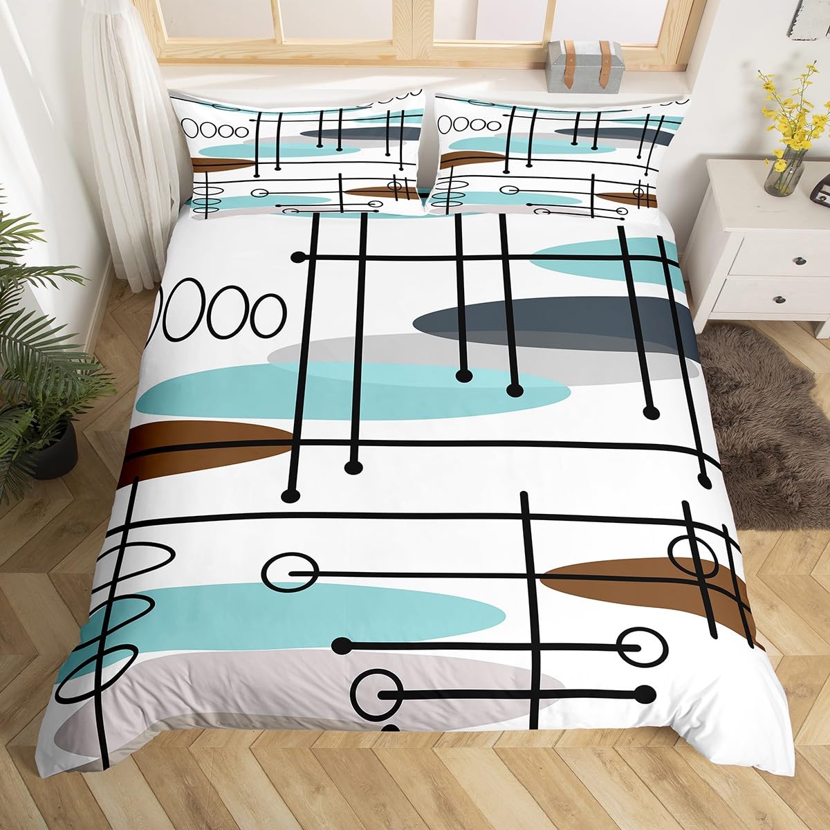 Erosebridal Mid Century Bedding Sets Queen Modern Minimalist Comforter Cover, Hippie Old Fashion Bed Set Abstract Artwork Duvet Cover, Aesthetic Lines Circles Quilt Cover Teal White Grey