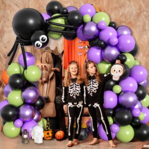 GRESAHOM Halloween Balloon Arch Garland Kit with DIY Big Spider Balloons, Purple Metallic Lime Green Black Balloons Garland with Eye Balloons for Kids Halloween Birthday Hocus Pocus Party Decorations