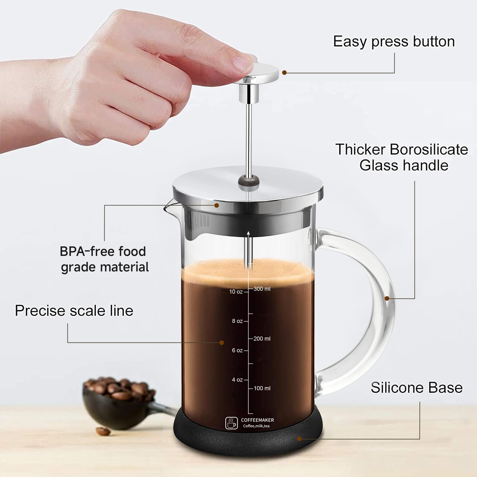 French Press Coffee Maker 12 Ounce Espresso Tea Coffee Maker with 4 Filters System, Stainless Steel Plunger and Heat Resistant Borosilicate Glass BPA-Free Brewed Tea Pot Coffee Plunger(Silvery 12oz)