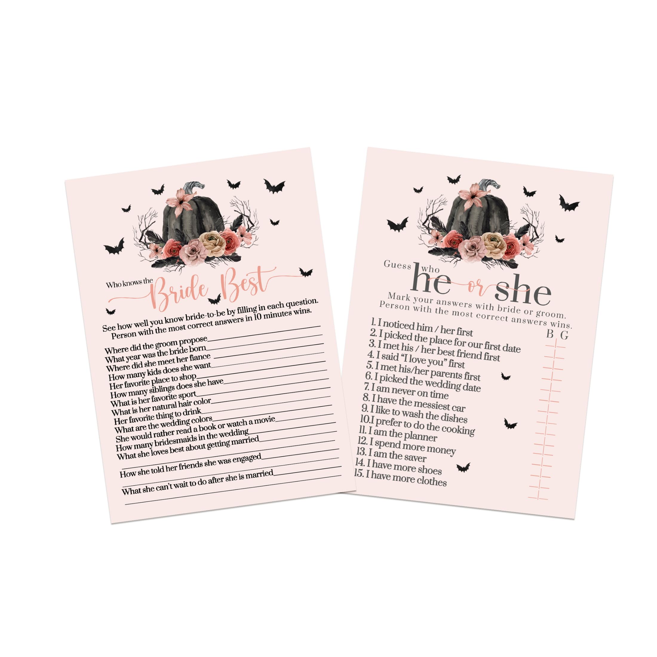 Gothic Pumpkin Bridal Shower Game Bundle - He Said or She Said & Bride Best - Halloween Wedding Guest Activity - Spooky Party Decor - Double-Sided Cards - Pink & Black - 25 Pack