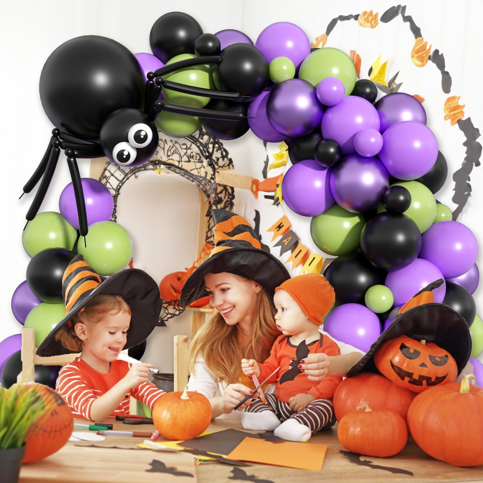 GRESAHOM Halloween Balloon Arch Garland Kit with DIY Big Spider Balloons, Purple Metallic Lime Green Black Balloons Garland with Eye Balloons for Kids Halloween Birthday Hocus Pocus Party Decorations