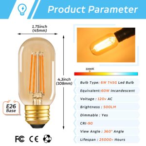 T45/T14 Dimmable E26 Led Tube Edison Light Bulb ,1W(10W Equivalent) ,AC120V Warm White 2200K 6W 600LM Amber Type T Light Bulbs for Piano Light Bulb,Curio Cabinet, Lamp,Celling Fan,Sconce,Pack of 2