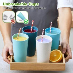 Hlukana Wheat Straw Cups Set of 8, 20 oz Unbreakable Drinking Cup, Chip Resistant Cups, Reusable Water Cup Set, Large Cups for Kitchen, Camping, BPA Free Cups, Dishwasher & Microwave Safe Tumbler Cups