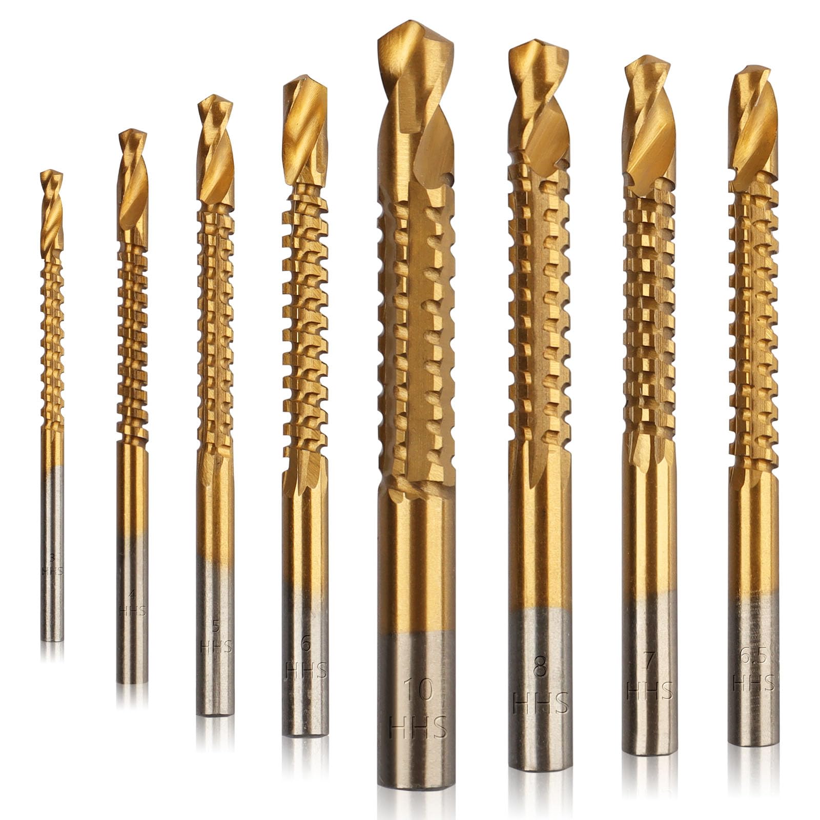 Rocaris 8 Pack Titanium Coated HSS Twist Drill Bits, 3-10mm Serrated Side Cutting Drill Bit Woodworking Tools for Plastic Metal Wood Hole