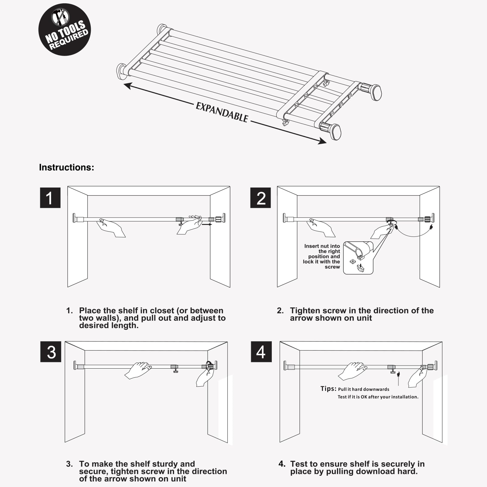 Yuanjimi 33 to 46 Inches, Closet Shelves,Wall Mounted Tension Shelf,Expandable Easy to Install for Pantry, Closet, Laundry, Utility Storage, Stainless Steel, Silver + Black